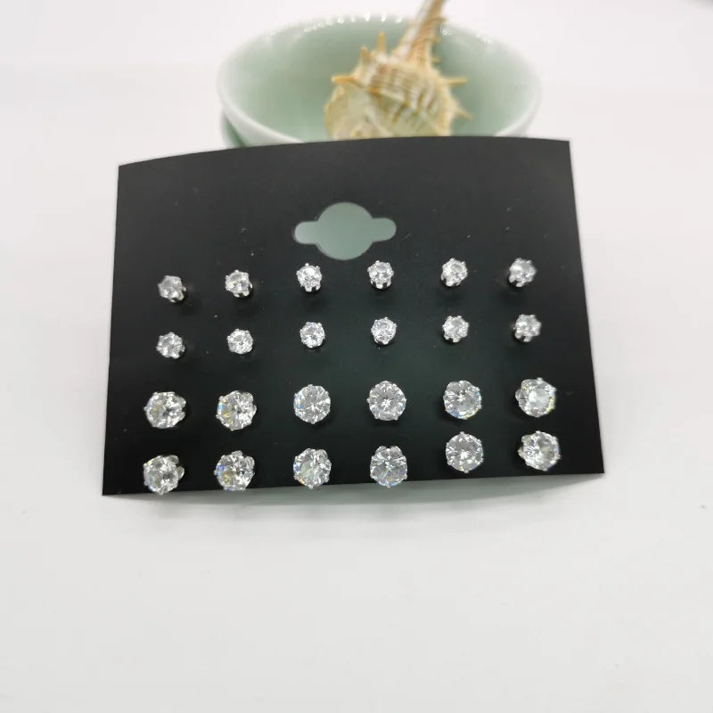 24pcs Cubic Zirconia Stud Earrings - Stainless Steel Claw Set for Men (12 Pairs)