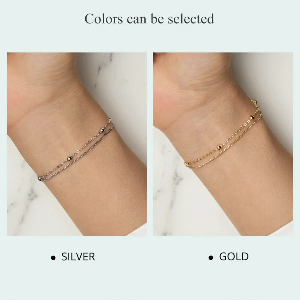 BAMOER 925 Silver Chain Bracelet Double Layers Round Beads Link Chain Bracelets Women 7.48'' Adjustable 14K Gold Plated Jewelry