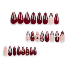 2024 New Ramadan Style False Nails with Gold Moon Star Design Almond Red French Fake Nail Patch Full Cover Detachable Manicure