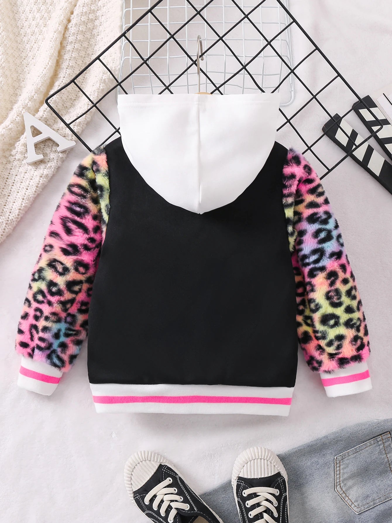 Girls' fashion color contrast leopard print baseball uniform