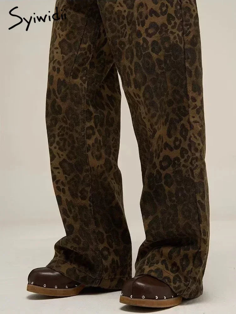Leopard Print Y2k Jeans Women Oversized Wide Leg Denim Trousers