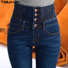 Womens Winter Jeans High Waist Skinny Pants Fleece /no velvet Elastic Waist Jeans