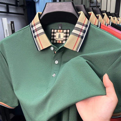 High end silky cotton breathable short sleeve polo shirt men's summer new trend plaid lapel designer brand casual golf T-shirt