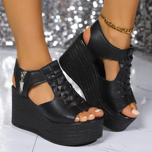 Casual Basic High Heel Rubber Sandals for Women 2024 New Hot Sale Summer Wedges Ladies Shoes Solid Zipper Pu Women's Sandals