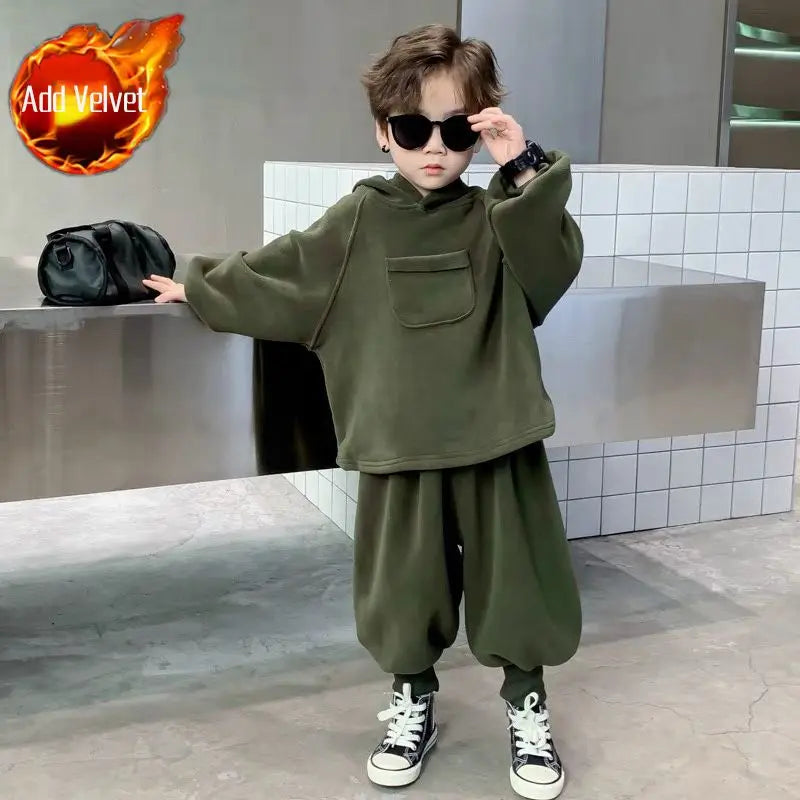 Boys' Cool-Style Autumn-Winter Polar Fleece Two-Piece Outfit