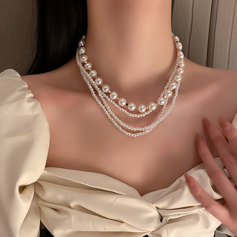 Multilayer Pearl Choker Necklaces for Women Short Geometric Crystal Chokers Necklace