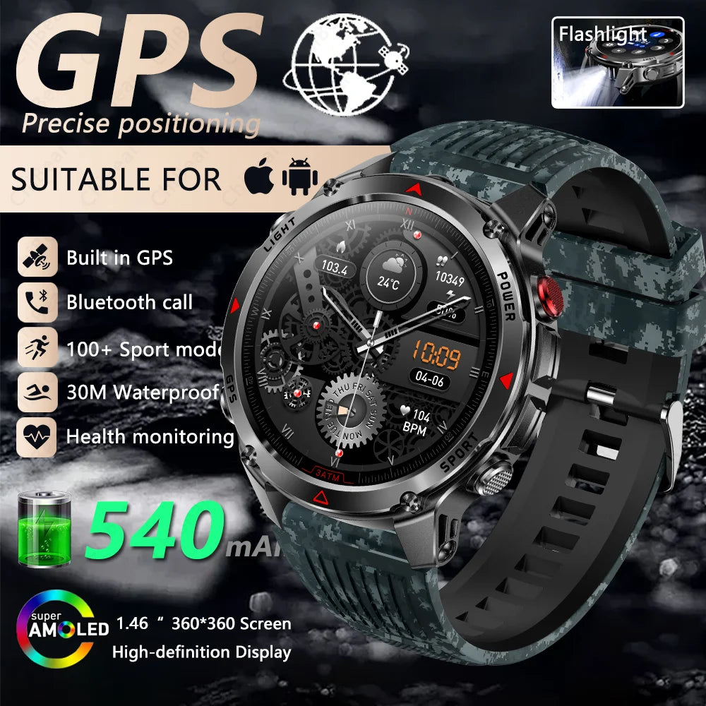 Outdoor Military Smart Watch Men Built-in GPS 1.46" AMOLED Compass