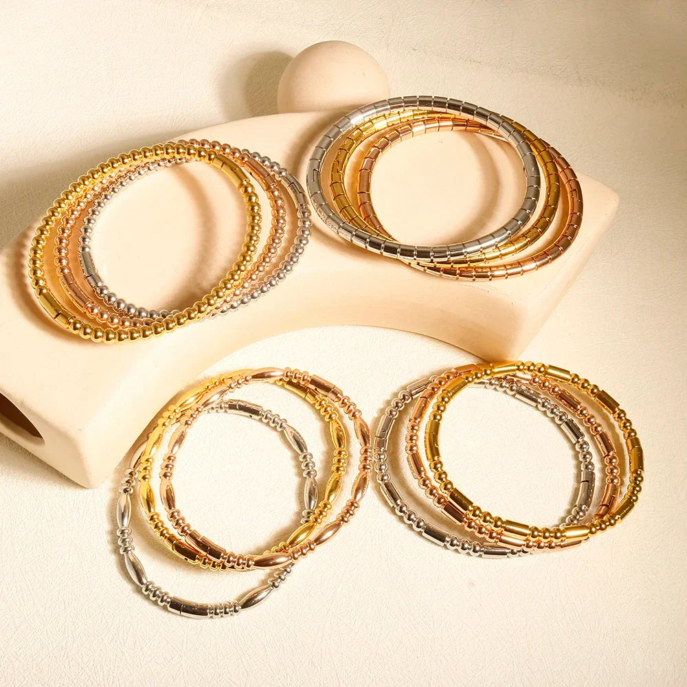 Bamboo Beads Punk Gold Plated Bangle for Women Men Trendy Stainless Steel Metal Bracelets Geometric Round Bead Jewelry Accessory