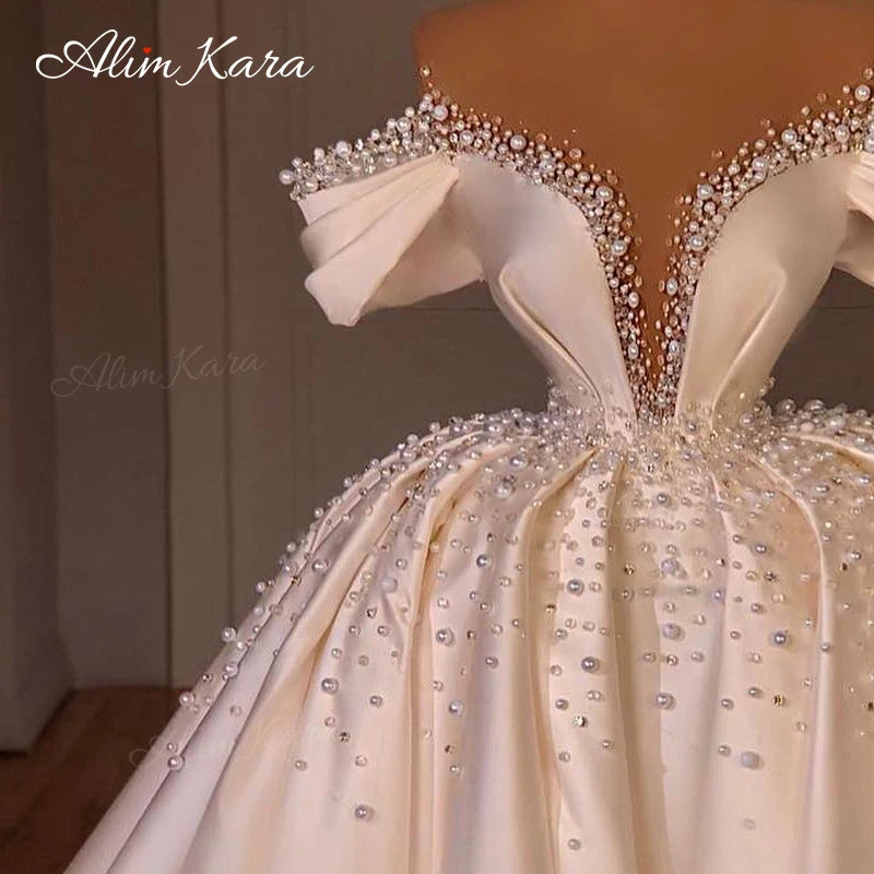 White Bridesmaid Dresses: Wedding Dresses for women Satin Off Shoulder Court Train