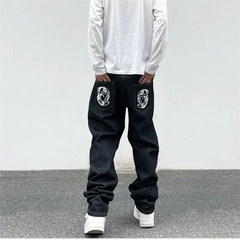 Hip Hop Flying Dog Print Jeans for Men High Street Straight Loose Wide leg Pants