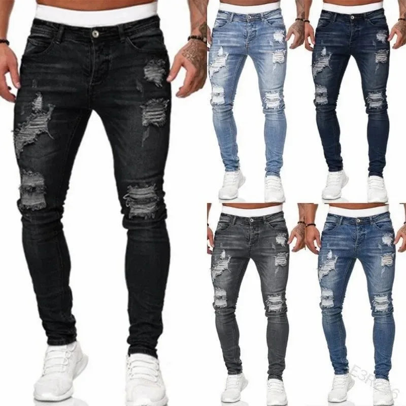 Ripped Skinny Jeans Men Vintage Wash Elastic Biker Holes Denim Pants Casual Slim