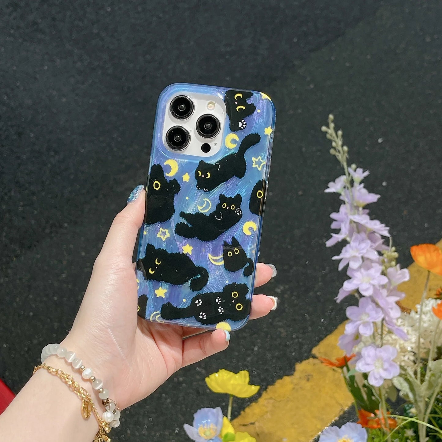 Korean Ins Cute Black Cats Double Layers Wrist Chain Phone Case for iPhone 17 16 15 14 13 12 Pro Max Plus Back Cover