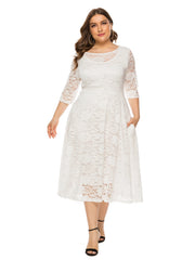 Plus Size Contrast Lace Half Sleeve Semi Sheer Midi Prom Party Wedding Evening Dress