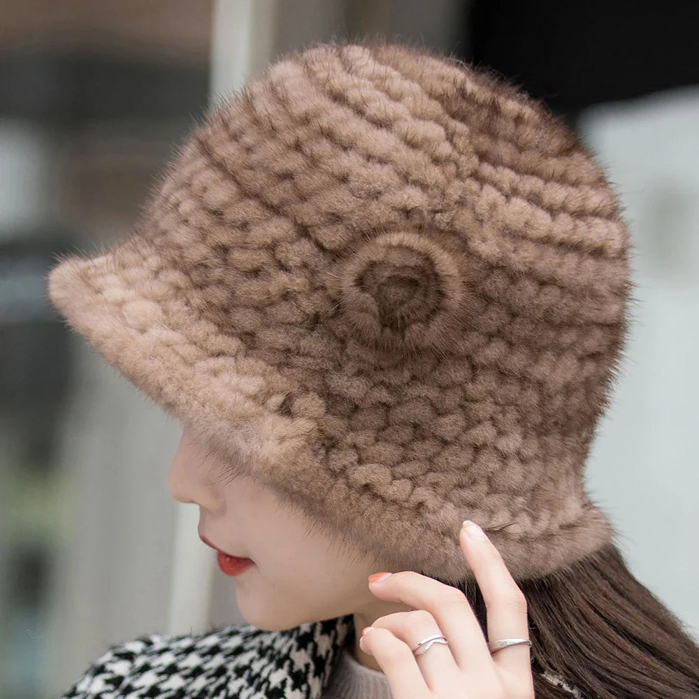 Woman Hat Winter Solid Mink Caps With Flower Natural Mink Fur Hats New Russian Girl Soft Knitting Real Fur Bucket Hats 2026 Warm