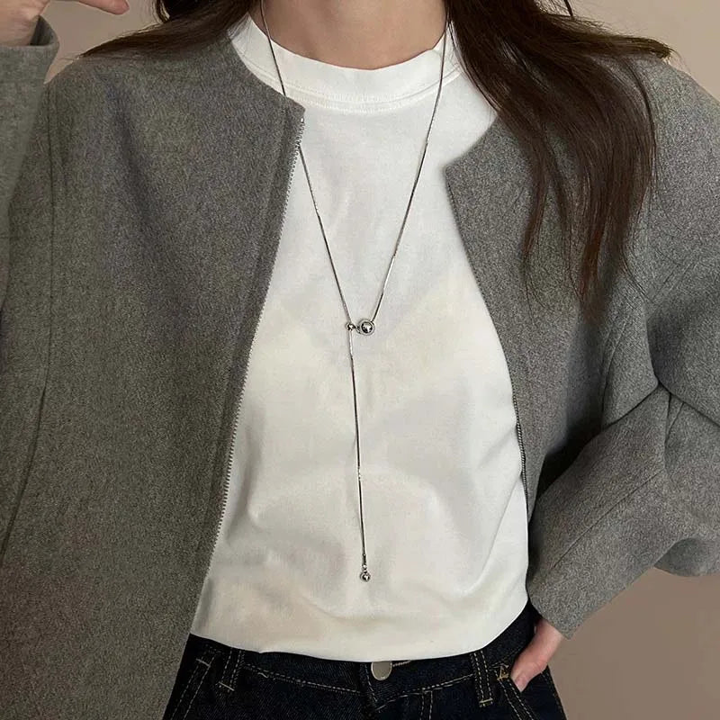 Stainless Steel Silver Color Beaded Necklaces for Women Fashion Metal Pull Long Snake Bone Chain Necklaces Jewelry Party Gifts