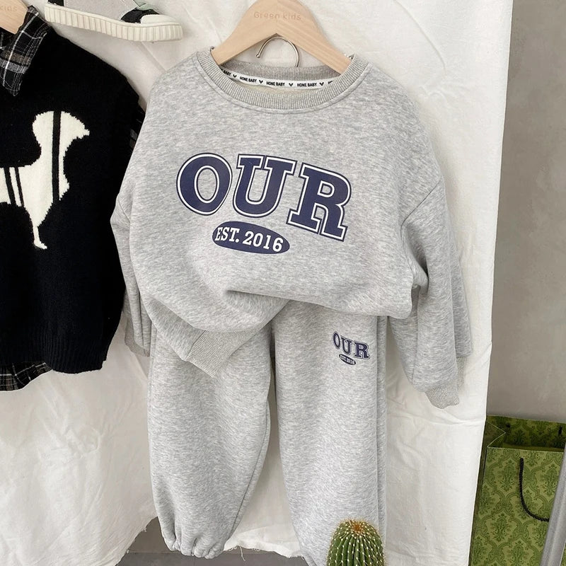 2-6 Years Boys Round Neck Sweater Sets Boys Warm Casual Loose 2Pcs Autumn Spring New Children's Long-Sleeved Letter Sports Suit