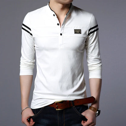 Men's Fashion Summer Long Sleeved POLO T-shirt Casual Cotton Breathable Top Stand Up Neck Long Sleeve Korean Comfortable Shirt