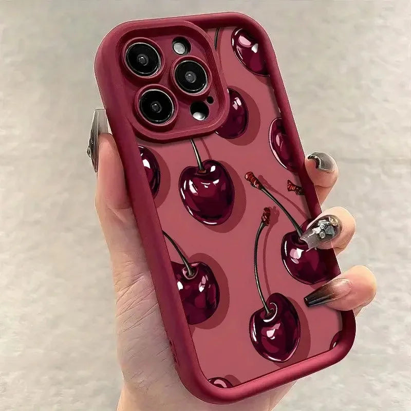Luxury Wine Red Cherry Print Phone Case for iPhone 17 16e 16 15 14 13 12 11 Air Pro Max Mini XR XS X 7 8 6 6s Plus Back Cover