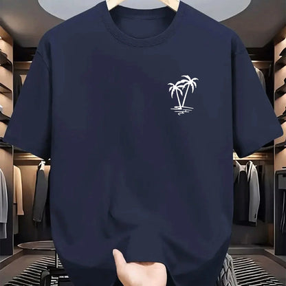 Men's summer 100% cotton fashionable casual loose coconut tree pattern printed sports round neck short sleeved T-shirt top