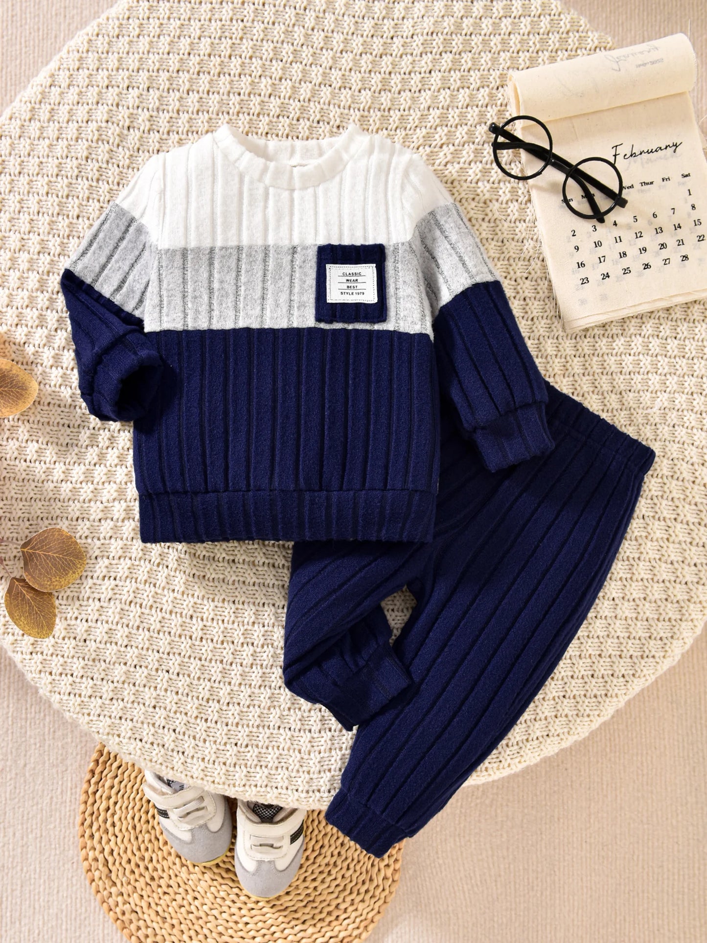 0-3 Years Boys Fall 2Pcs Clothes Sets Long Sleeve O Neck Patchwork Pullover Solid Color Pants