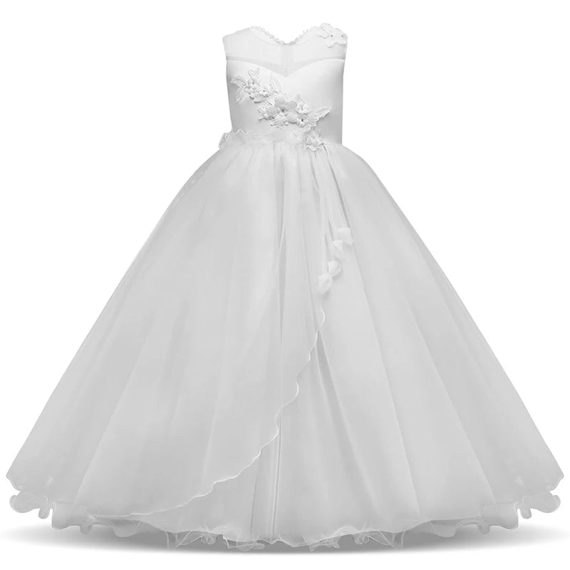 Girls Sleeveless Crew Neck Long Dress Flower Mesh Princess Skirt Piano Performance Dress For girls aged 4-14
