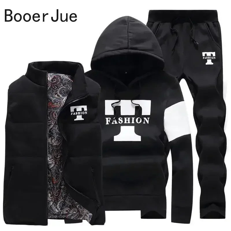 3 Pieces Set Hoodies+Vest+Pants Casual Track Suit Clothing Coats Winter Thick Warm Tracksuit for Couple Printed Mens Set Vest