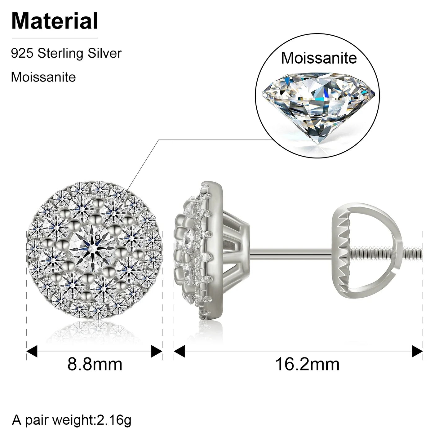 D Color Moissanite Stud Earrings For Women Top Quality 100% 925 Sterling Silver Sparkling Wedding Jewelry Shining Ear Accessory