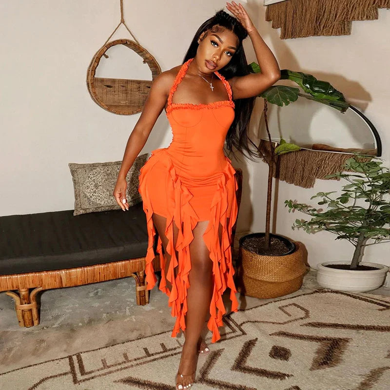 Hugcitar Elegant Halter Solid Ruffles Backless Taseel Sexy Slim Mini Dress Spring Women Cute Outfits Birthday Party Vacation