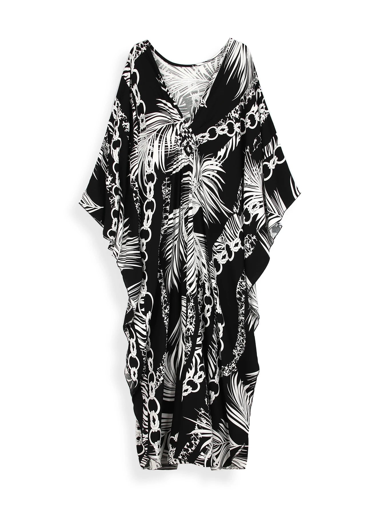 Plus Size 2024 Summer Sexy V Neck Long Sleeve Casual Printed Side Split Kaftan Dress For Women Clothing Beach Maxi Dresses Q1297