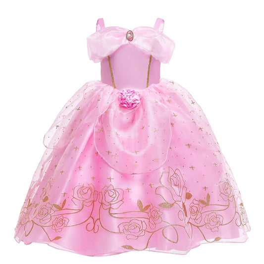 Aurora Pink Princess Dress Girl Sleeping Beauty Cosplay Costume Summer Floral Rose