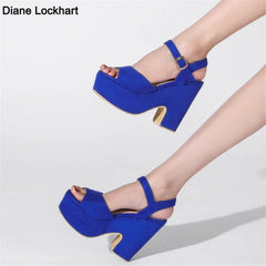 Woman Sandals High Heels Female Platform Ankle Strap Buckle Ladies Flock