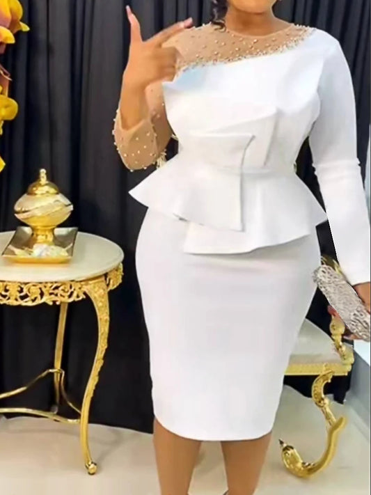 Formal attire Dresses: Women Long Sleeve Beaded Mesh Patchwork Peplum Dresses
