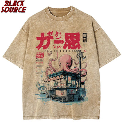 T176 Japanese Takoyaki T-shirt with octopus balls graphic t-shirts for street food lovers Anime Cotton Loose Top oversized