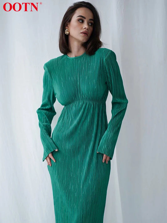 Evening Dresses: Women Pleated Party Dress Lady Slim Long Sleeve Midi Dress