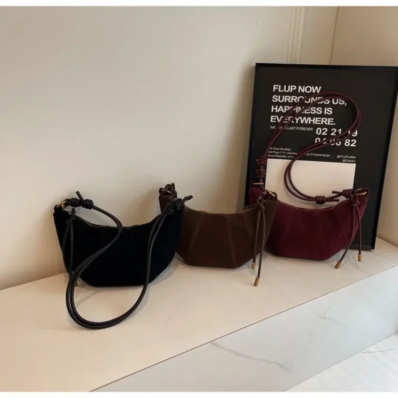 Velvet Material Zipper Shoulder Bag Solid Color Simple Fashionable