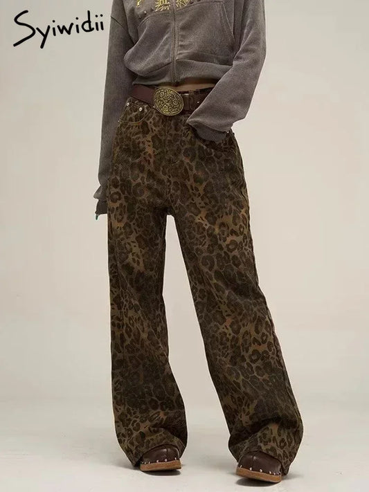Leopard Print Y2k Jeans Women Oversized Wide Leg Denim Trousers