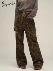 Leopard Print Y2k Jeans Women Oversized Wide Leg Denim Trousers