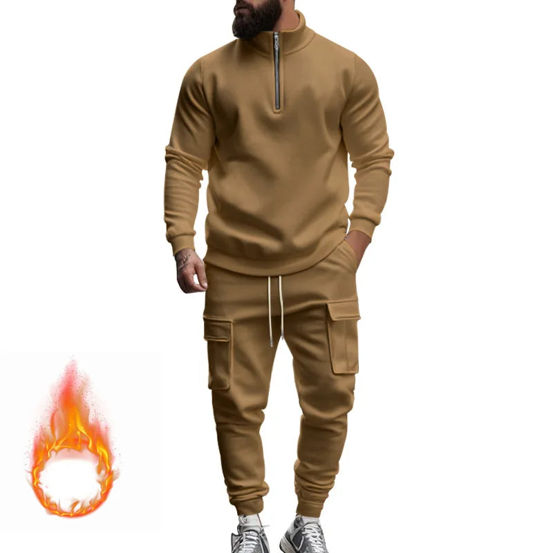 2024 autumn and winter men's casual velvet warm zipper sports trousers set