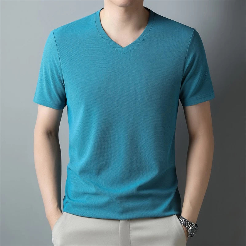 2024 Men's New Waffle V Neck Short Sleeved T-shirt Summer Comfortable Top