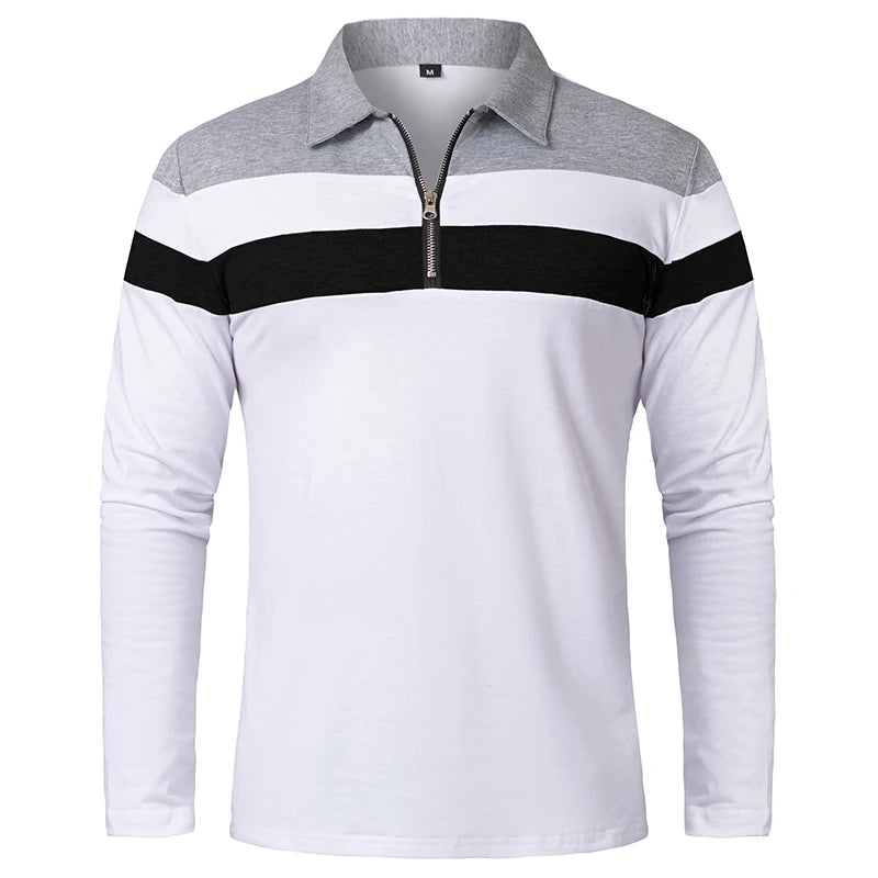 Men's Long Sleeve Striped Polo Shirts 1/4 Zip Cotton Patchwork Collared Shirt Casual Fashion Pullover Slim Fit Golf Shirt