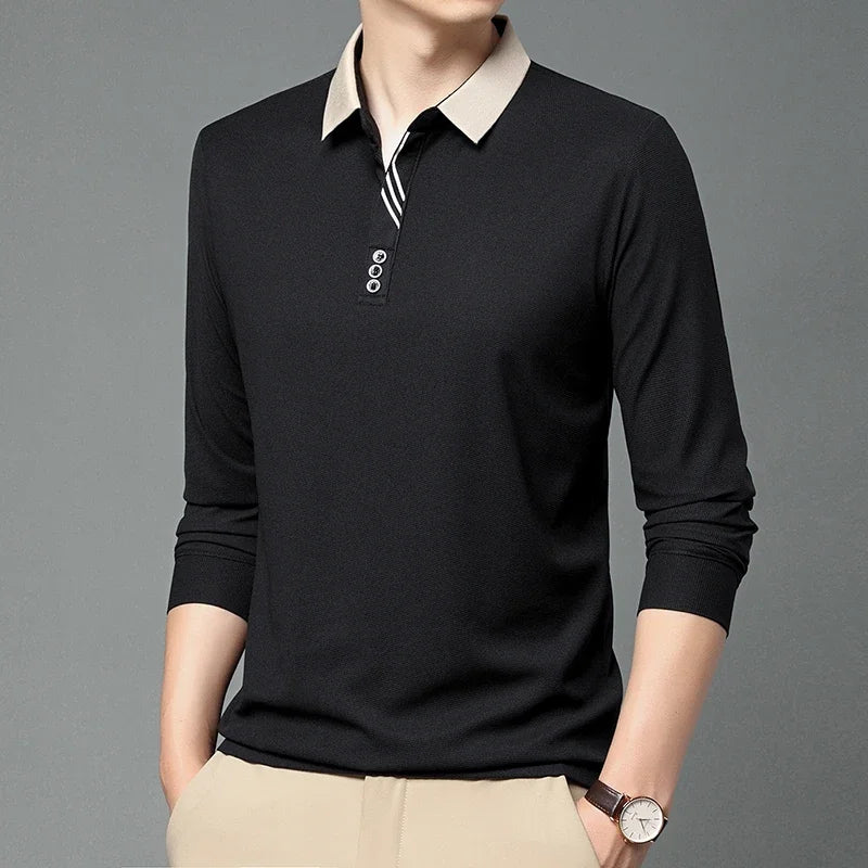 New Men's Business Casual Long Sleeved Shirt Solid Color Polo Shirt Fashionable Breathable Comfortable Versatile Top