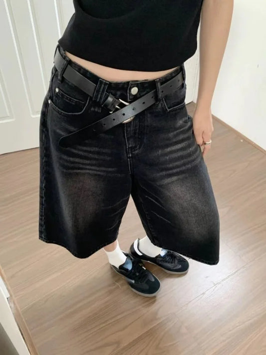 Retro Women Brushed Black Wash Cropped Baggy Jeans