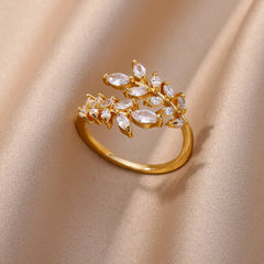 White Zircon Flower Leaf Shape Stainless Steel Rings For Women Adjustable Aesthetic