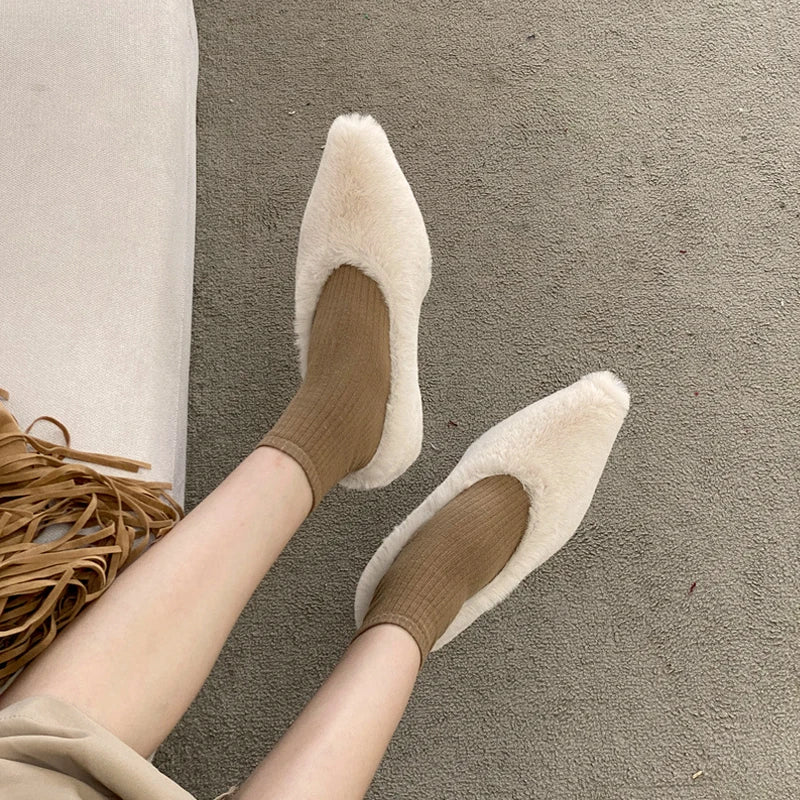 Fashion Pointed Toe Fur Ballet Flat Woman Winter Warm Plush Shallow Loafer Ladies Concise Furry Heeled Dress Shoes Zapatos Mujer