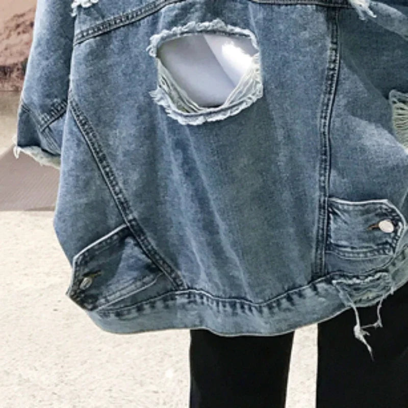 Fashion Blue Ripped Denim Jacket Y2K Distressed Streetwear Hip Hop Broken Hole Jeans