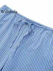 Women Fashion Striped Drawstring Lace Up Straight Pants Vintage Mid Elastic Trousers