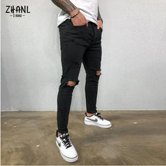 Streetwear Ripped Mens Skinny Pants Broken Man Jeans Joggers Fashion Black