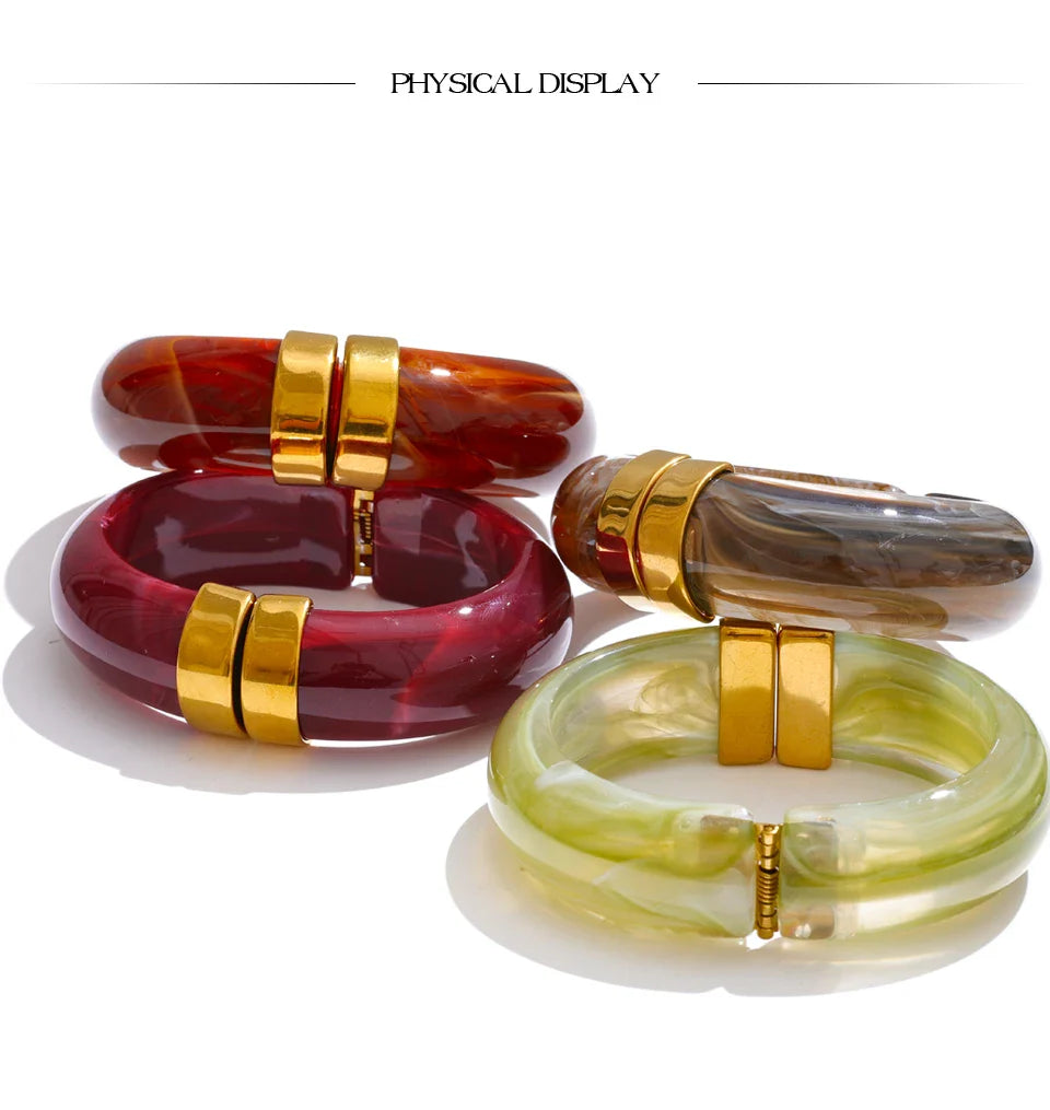 Yhpup 66mm Green Pink Brown Purple Acrylic Thick Bracelet Bangle for Women Stainless Steel Arrivals 2025 Wrist Jewelry Gift