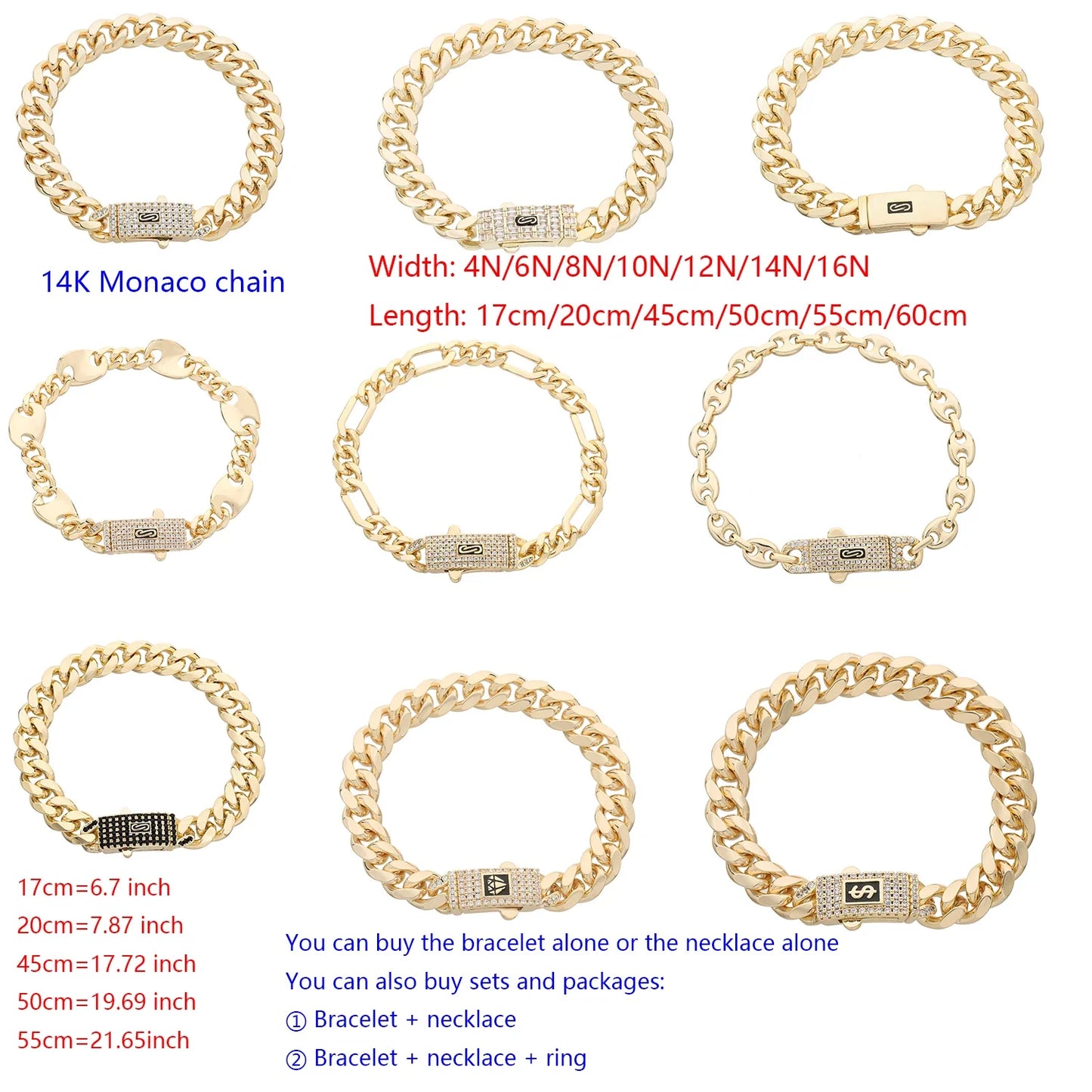 14K Monaco new chain for men and women, brass, cubic zirconia, fashionable Monaco bracelet for men and women
