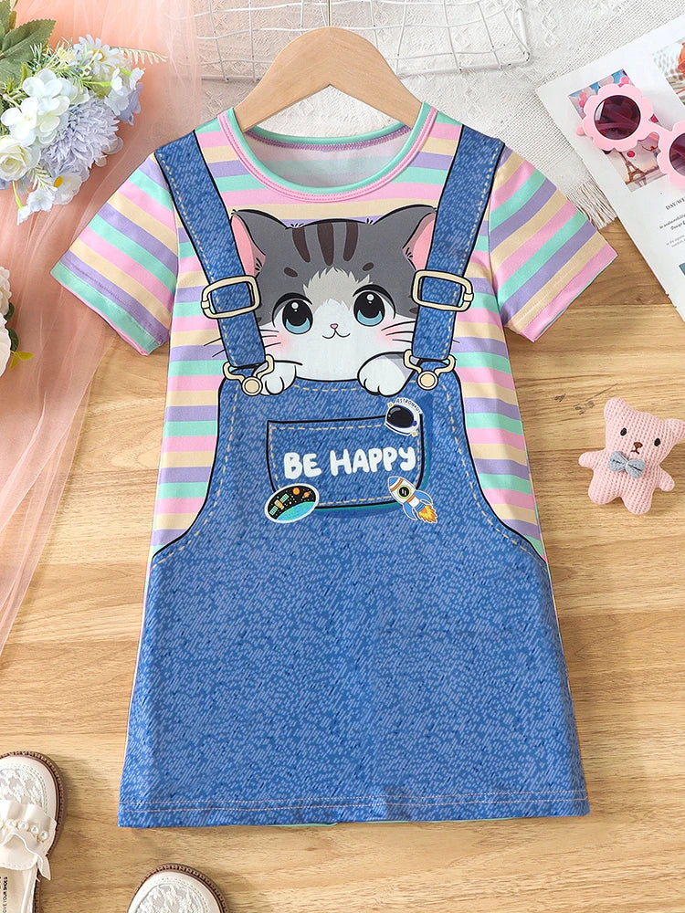 Girls Cute Cat Print Striped Casual Vacation Outing T-Shirt Dress